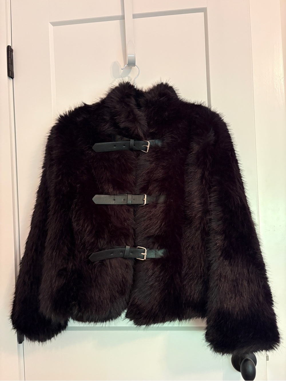 Plush Black Faux Fur Teddy Jacket with Buckle Straps